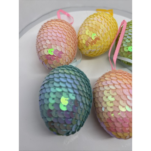 Lot 7 Sequin Easter Egg Ornaments Shiney Spring Decor Tree Ornaments Lightweight - Picture 2 of 10